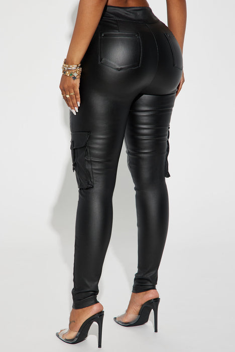 Skinny Black Faux Latex Pants with Studs
