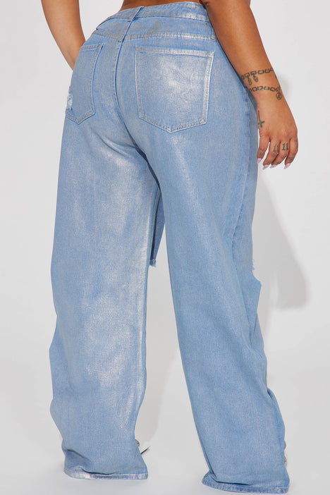 Freja Foil Ripped Baggy Jeans - Light Wash, Fashion Nova, Jeans