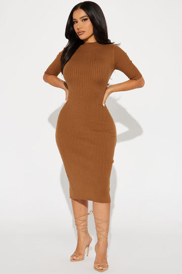Women's Majestic Serena V Neck Midi Dress in Brown Size 3X by Fashion Nova