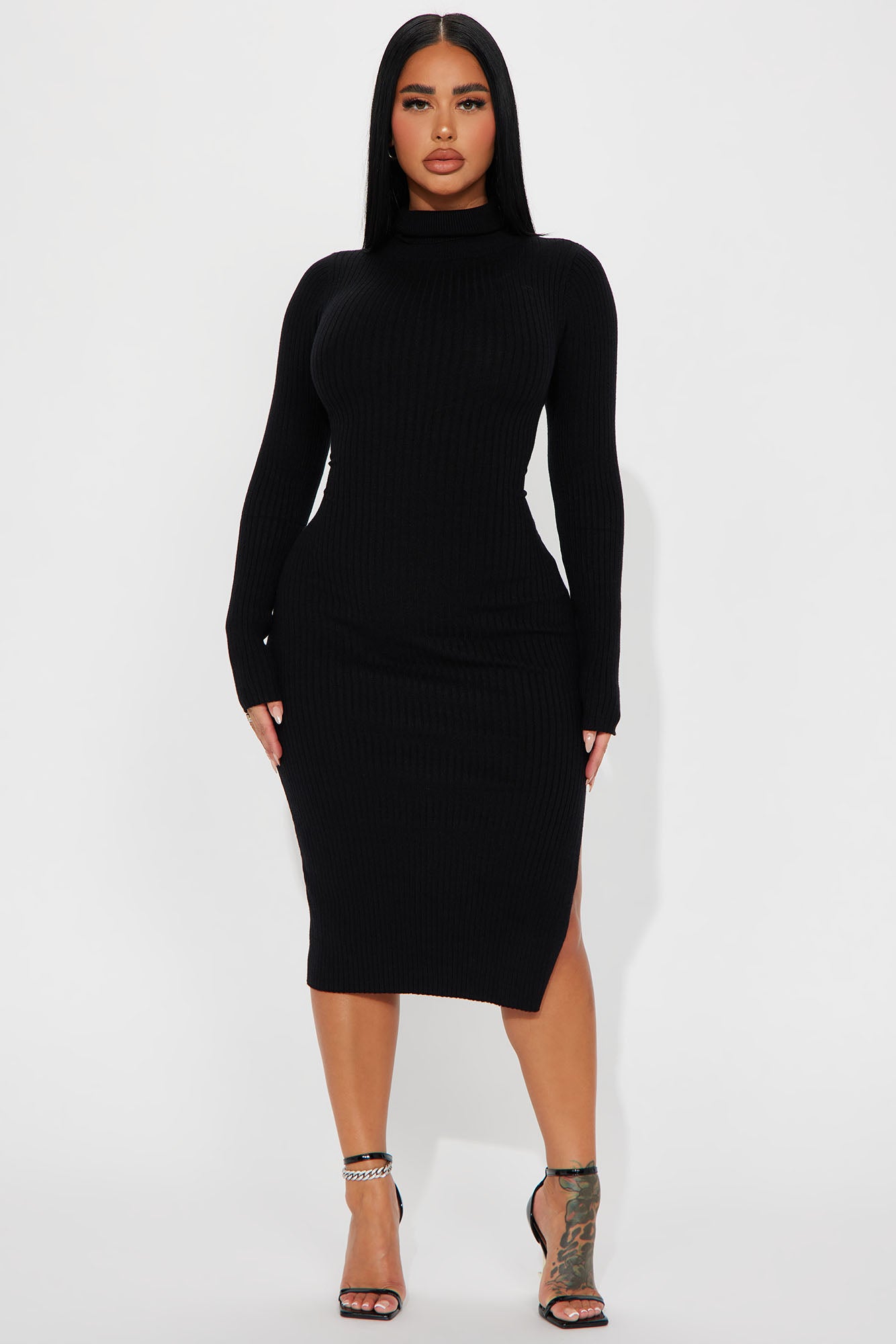 Fashion Nova 1X plus size black waist cinchin midi sweater dress NWT