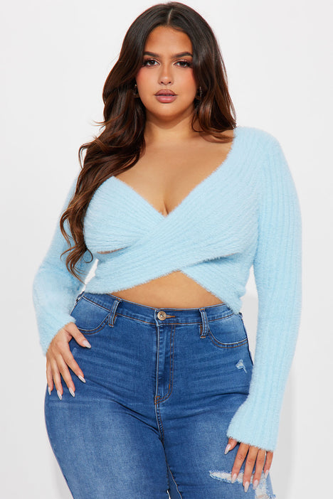 Living The Comfy Life Cropped Sweater - Blue, Fashion Nova, Sweaters