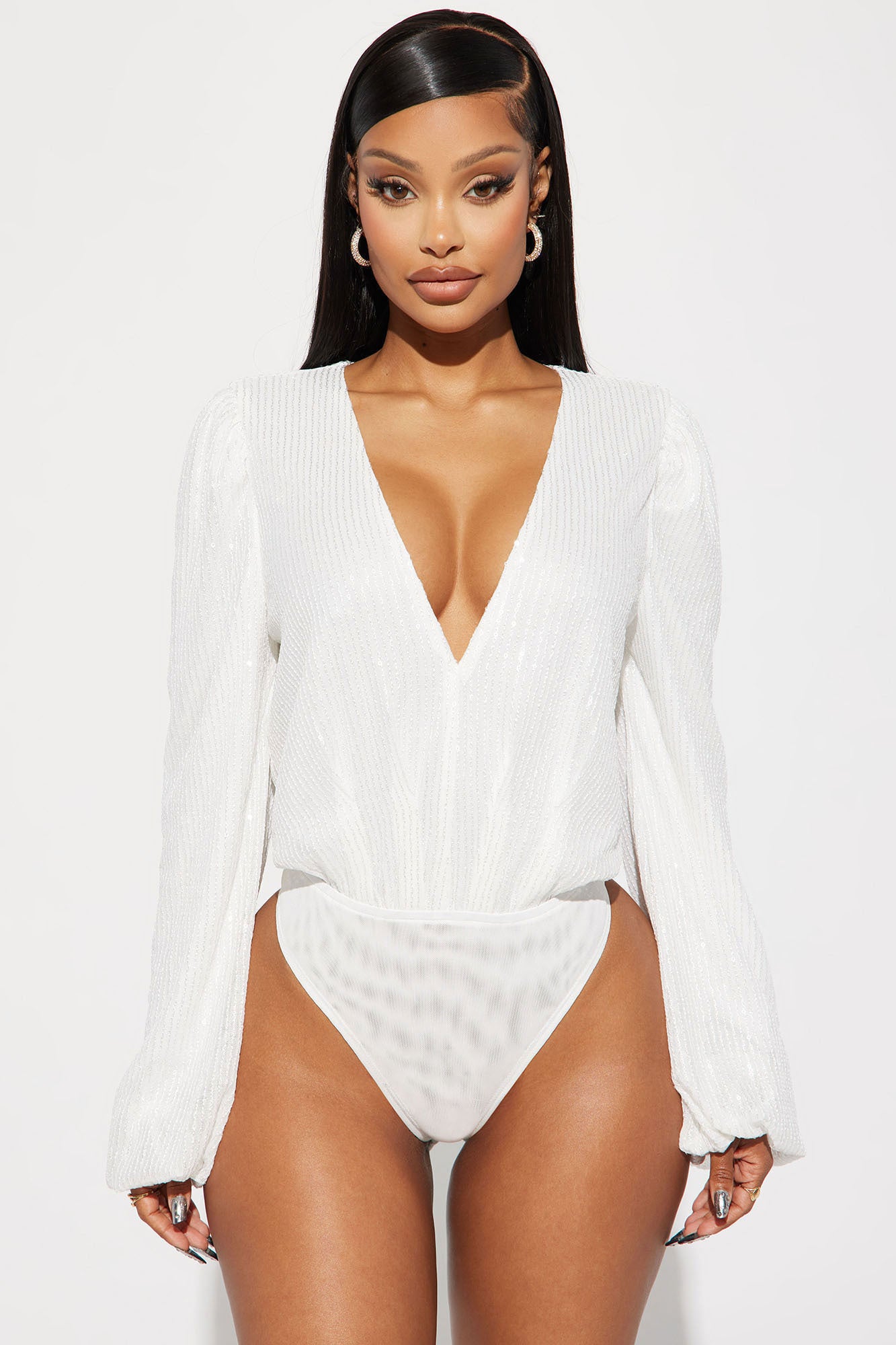 All That Glitters Sequin Bodysuit - White, Fashion Nova, Bodysuits