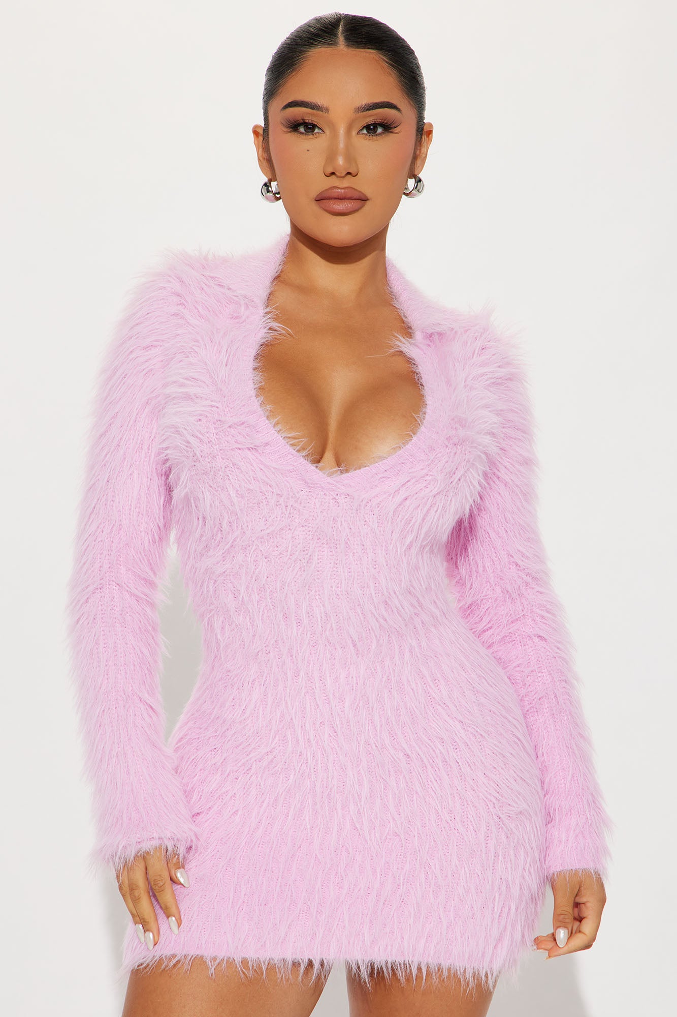 Be A Light White Fuzzy Turtleneck Sweater Mini Dress – Pink Lily