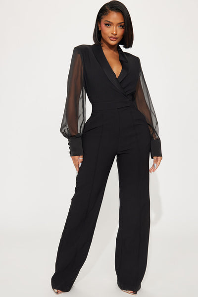 Buy 831 - Plus Size V Neck Lace Top Palazzo Wide Pants Jumpsuit Black (3X)  at