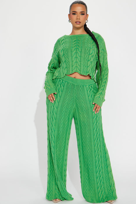 Ready to Cuddle Emerald Green Ribbed Knit Wide-Leg Pants