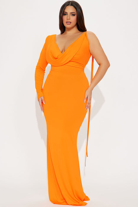 Asymmetrical Draped Long Sleeve Venezia Cowl Neck, Racheal Reversible Gown in Orange, Size M, For GNO/Date Night | Fashion Nova