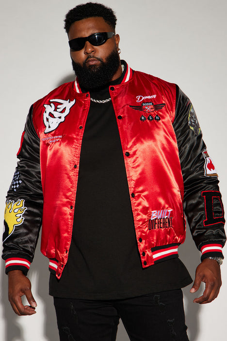 Men's Dodge Demon Satin Bomber Jacket in Black/Red Size Medium by Fashion Nova