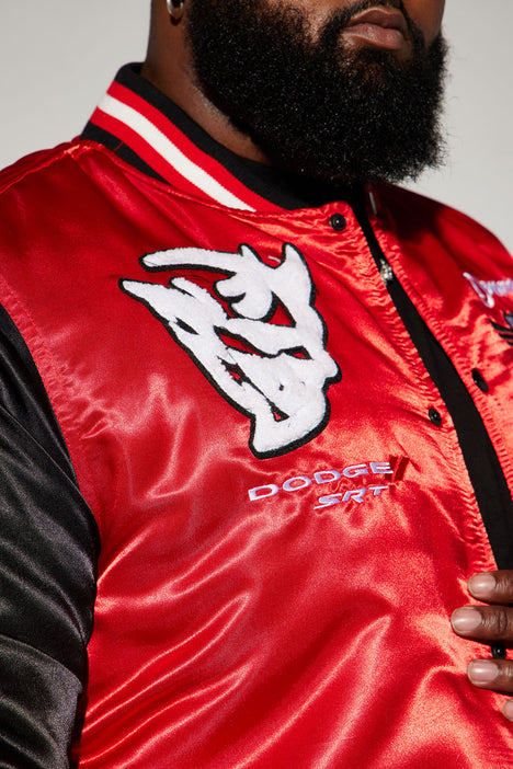 Men's Dodge Demon Satin Bomber Jacket in Black/Red Size Medium by Fashion Nova