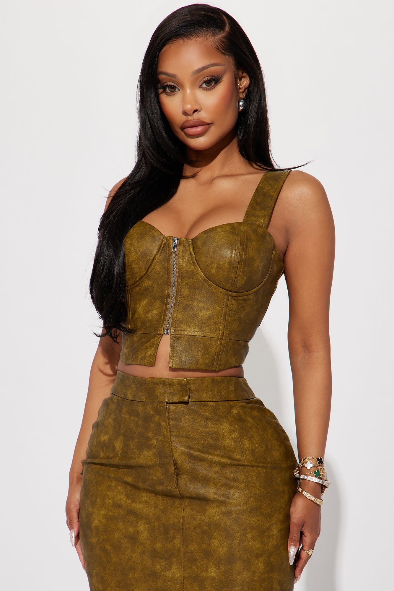 Carry It Well Washed Faux Leather Corset Top - Olive