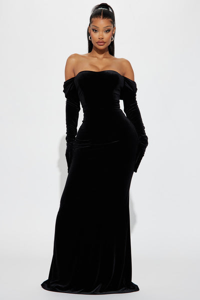 Plus Black Velvet V Bar Glove Detail Dress