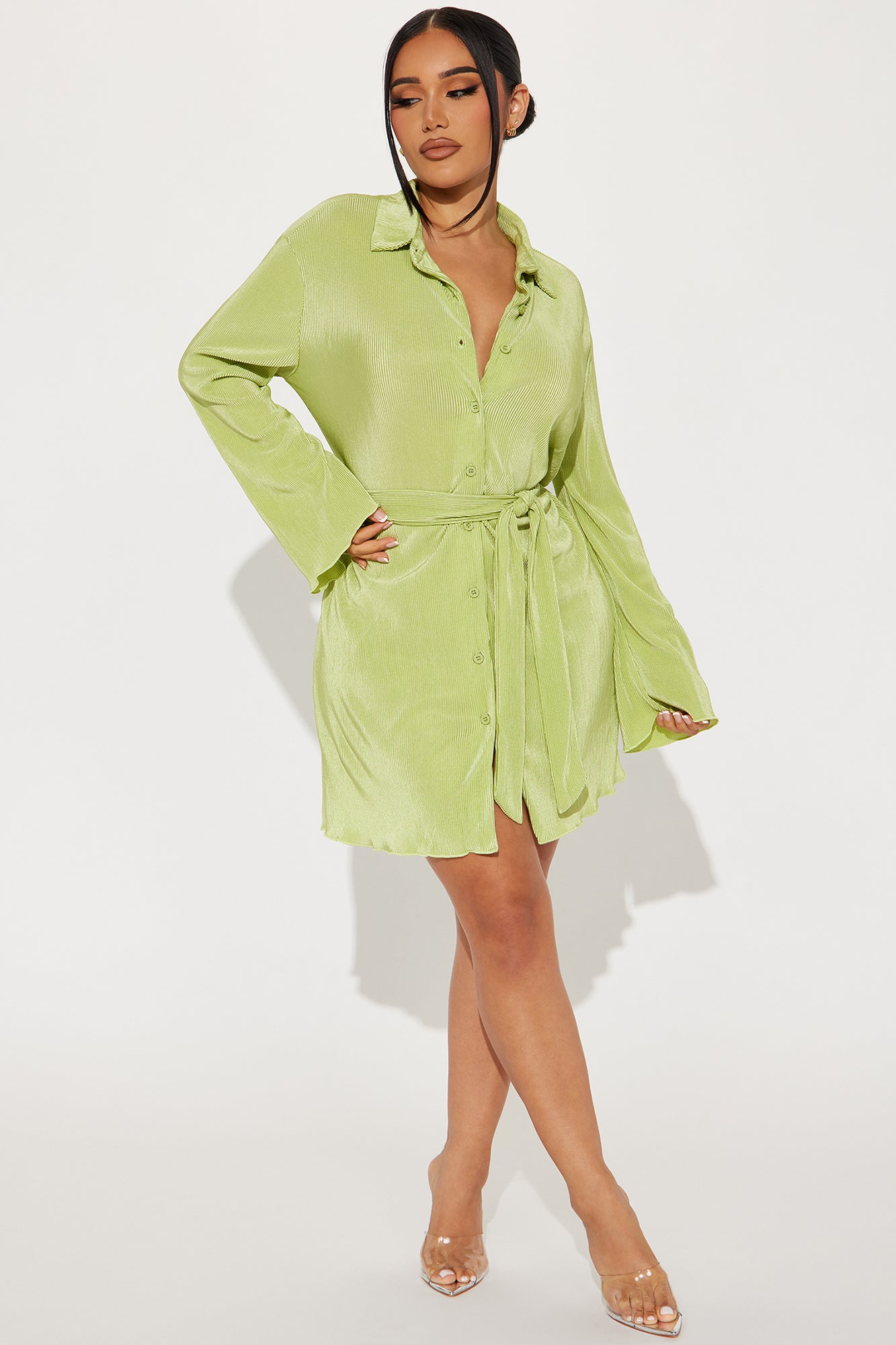 Women's Brunch A Lot Satin Shirt Mini Dress Combo in Green Size Medium by  Fashion Nova