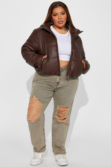 Women's Vixen Faux Leather Puffer Jacket in Brown Size Medium by Fashion Nova