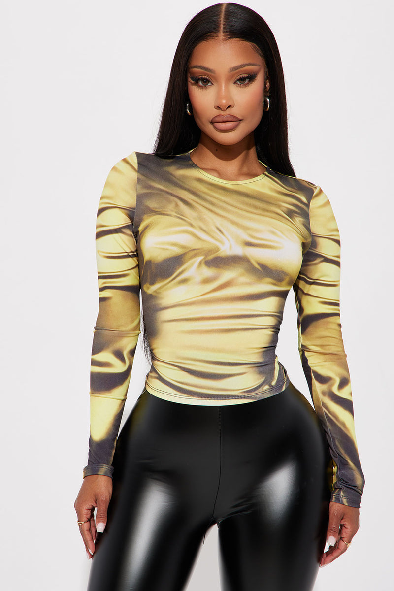 Draped In Gold Long Sleeve Top - Yellow/combo | Fashion Nova, Knit Tops ...