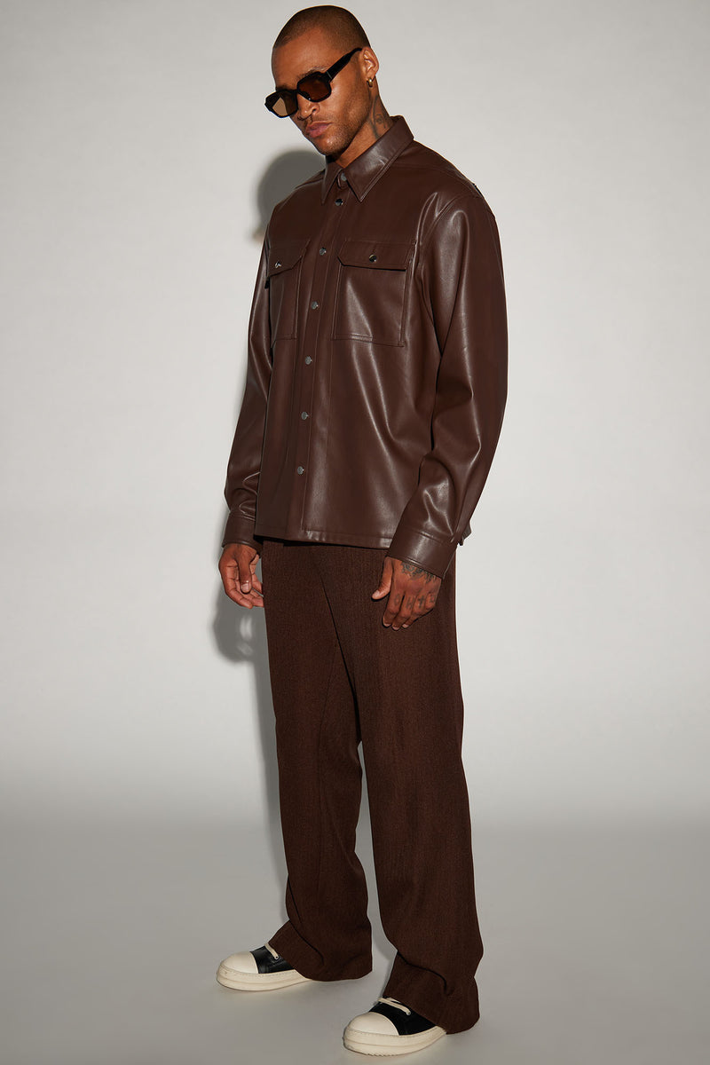Bowery Faux Leather Button Up Shirt - Dark Brown | Fashion Nova, Mens ...