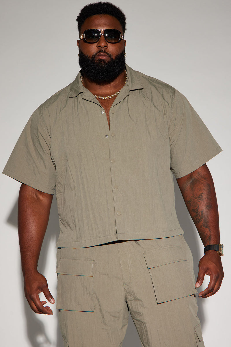 Lagos Textured Nylon Cropped Button Up Shirt - Olive | Fashion Nova ...