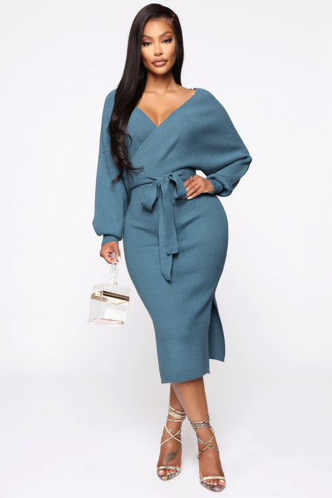 Mona Sweater Midi Dress - Dusty Blue, Fashion Nova, Dresses