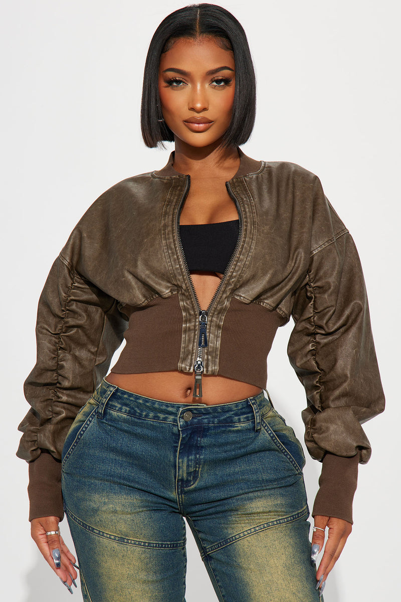 Right Timing Washed Faux Leather Bomber Jacket - Brown | Fashion Nova ...