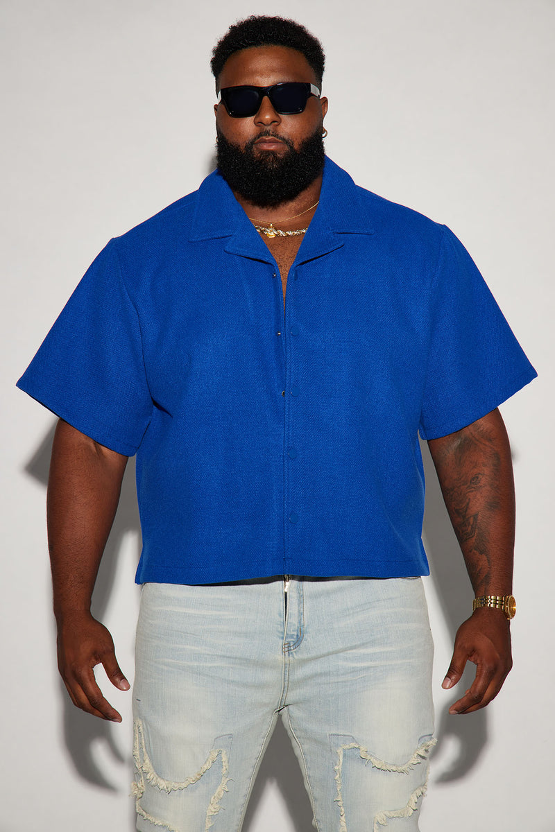 Wilder Textured Weave Cropped Button Up Shirt - Blue | Fashion Nova ...