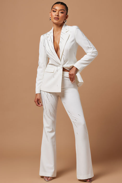 Size 12 Ashro White Formal Wedding Party Rhinestone Embellished Elle Pant  Suit