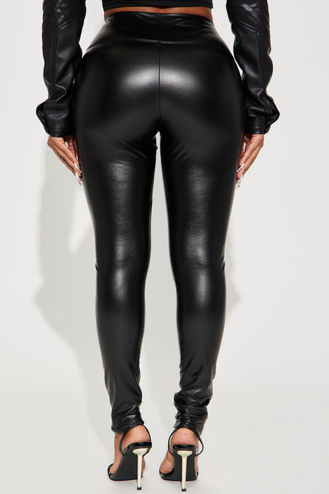 Black Leather Leggings for Women Tummy Control Stretchy Leather Pants