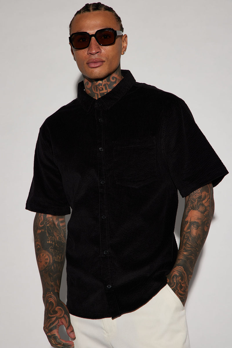 Corduroy Button Down Short Sleeve Woven Top - Black | Fashion Nova ...