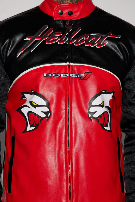 Men's Dodge Demon Satin Bomber Jacket in Black/Red Size Medium by Fashion Nova