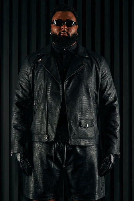 Men's Crocodile Faux Leather Moto Jacket in Black Size Large by Fashion Nova
