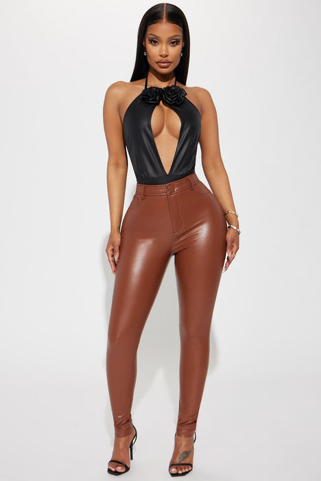 Lyra Washed Faux Leather Pant - Brown