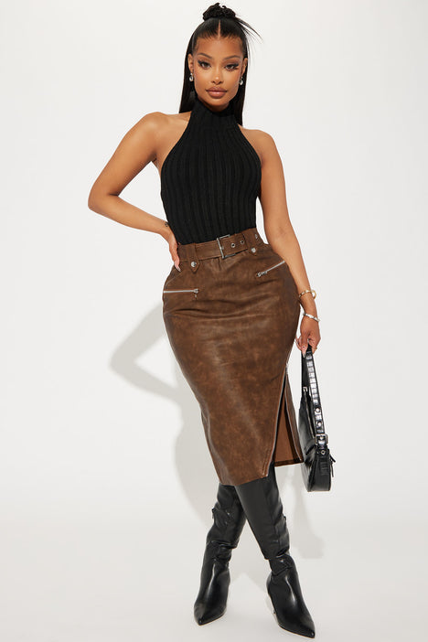 Textured Faux-Leather Pencil Midi Skirt
