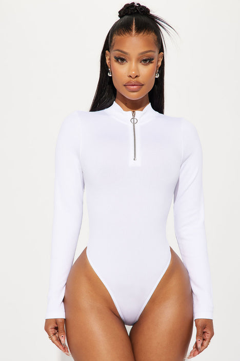 Alex Long Sleeve Seamless Bodysuit - White, Fashion Nova, Bodysuits