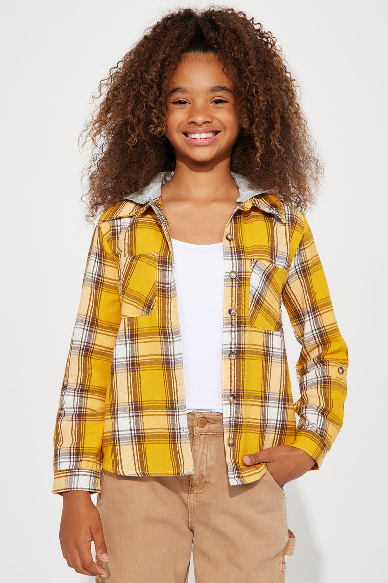 Mini Long Sleeve Hooded Knit Flannel - Gold/Multi | Fashion Nova, Kids ...