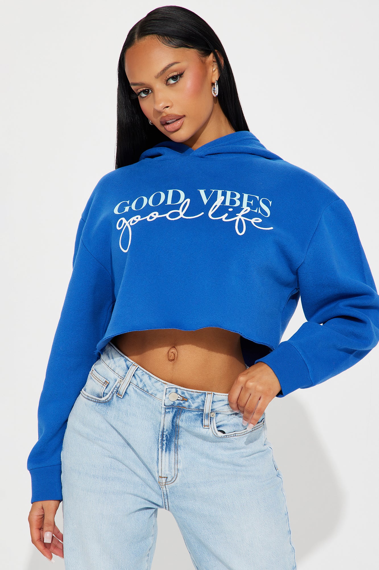 Good Vibes Good Life Crop Hoodie Blue Fashion Nova Screens