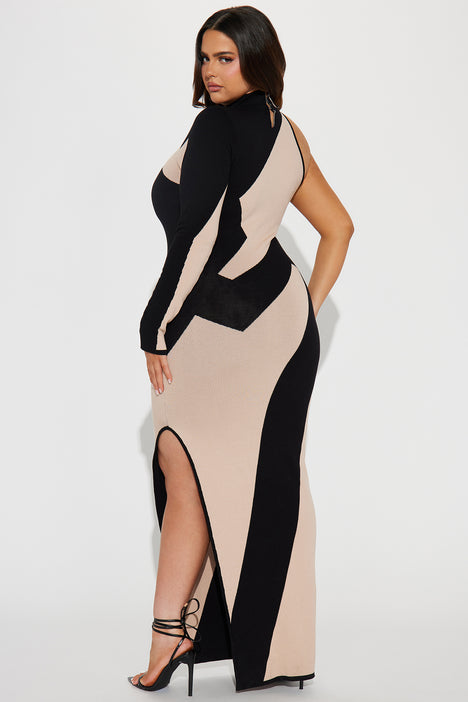 Abstract One Shoulder Maxi Dress - Taupe/combo