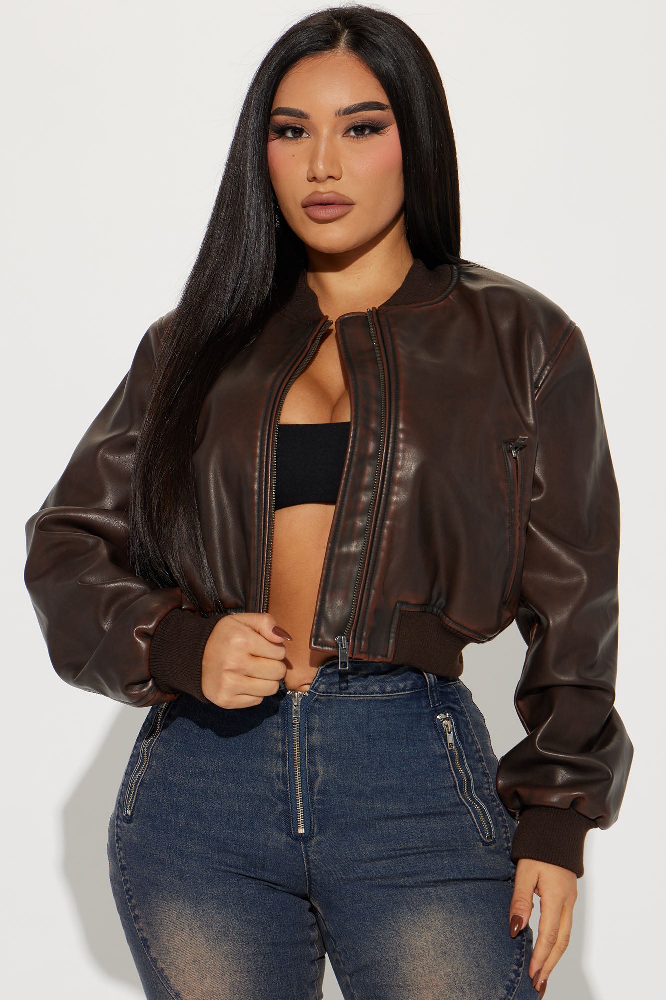 Zoe Washed Faux Leather Bomber Jacket - Brown