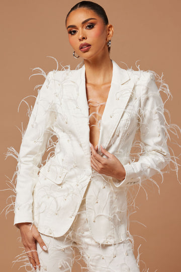 Delia Feathered Blazer Dress - White