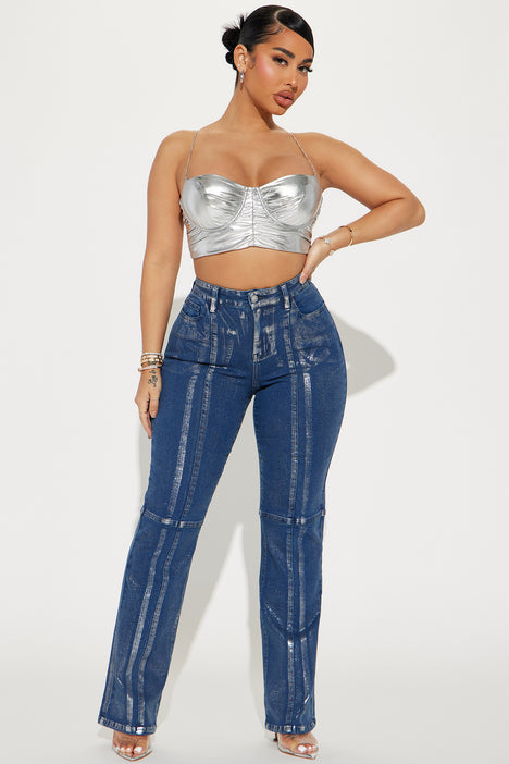Seeing Silver Foil Straight Leg Jeans - Blue/Silver