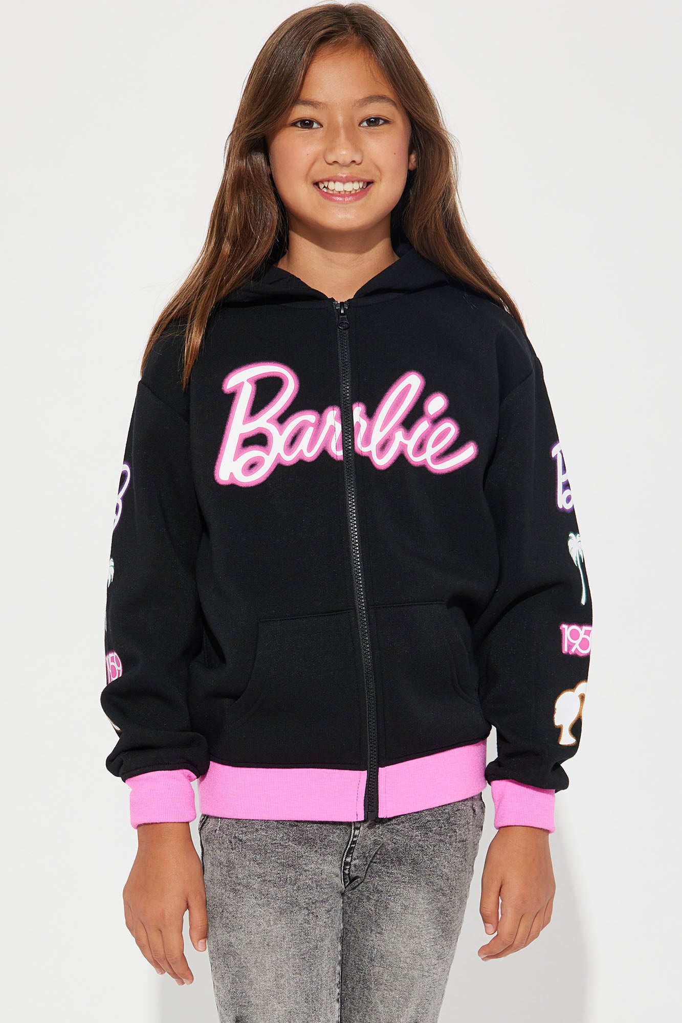 Mini Barbie Glow Zip Front Fleece Hoodie - Black