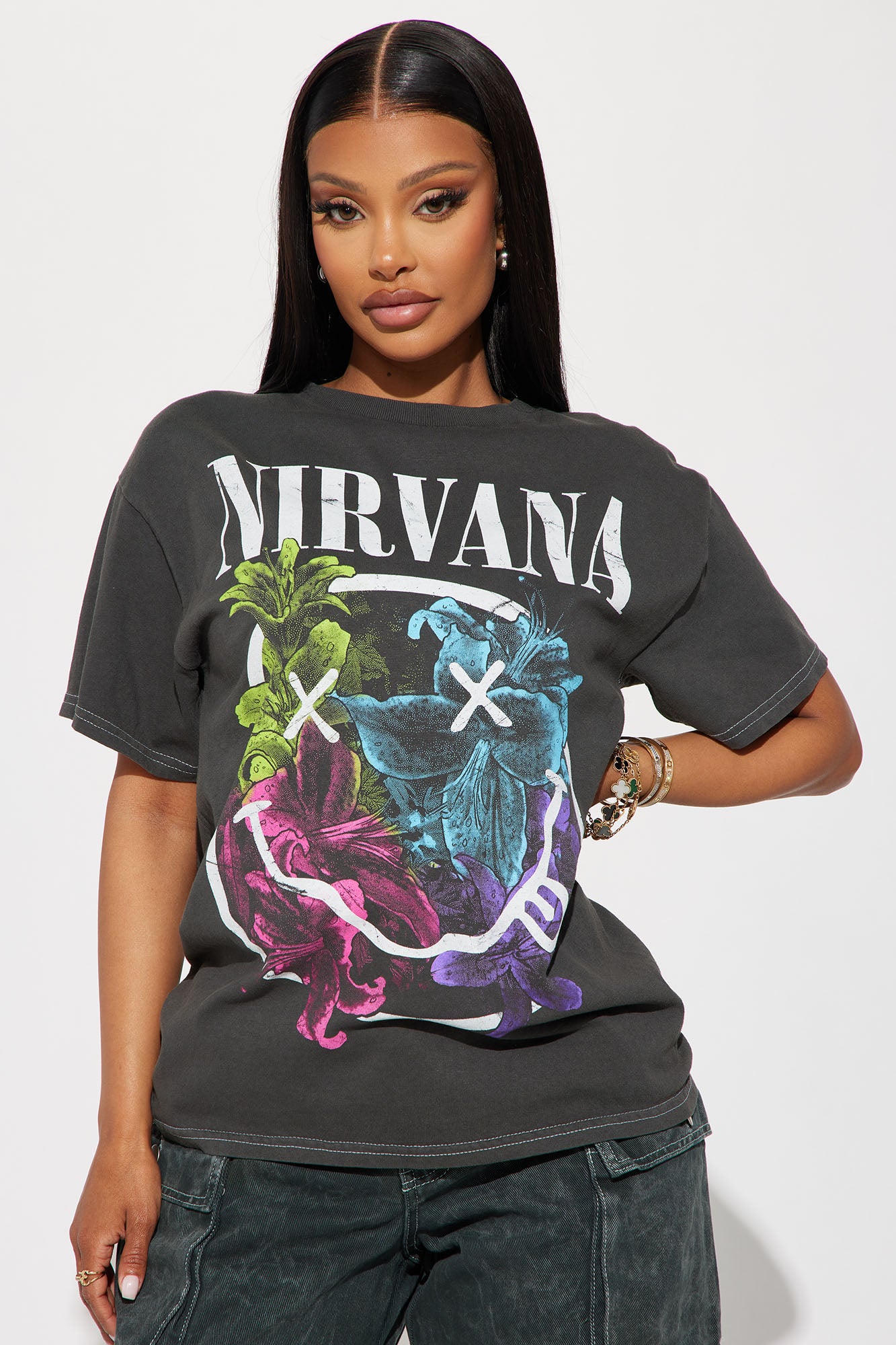 Nirvana Rainbow Floral Smiley Tee - Black Wash | Fashion Nova