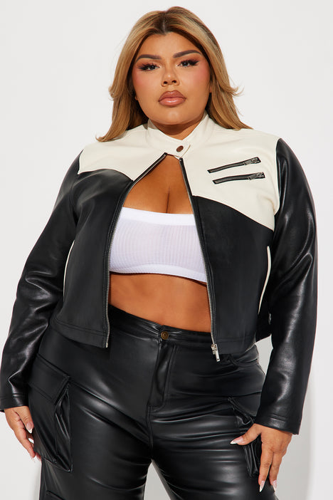 Women's Riding Passenger Faux Leather Jacket in Black/White Size Medium by Fashion Nova