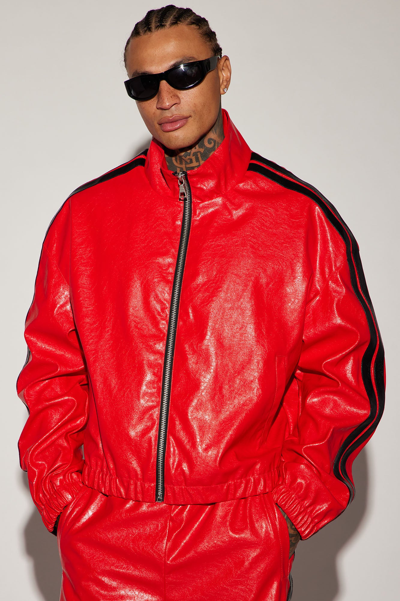 Baker Faux Leather Track Jacket - Red/combo