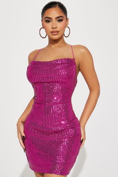 Sleeveless V-Neck Selena Sequin Fringe Mini Dress in Magenta, Size S, for Club | Fashion Nova