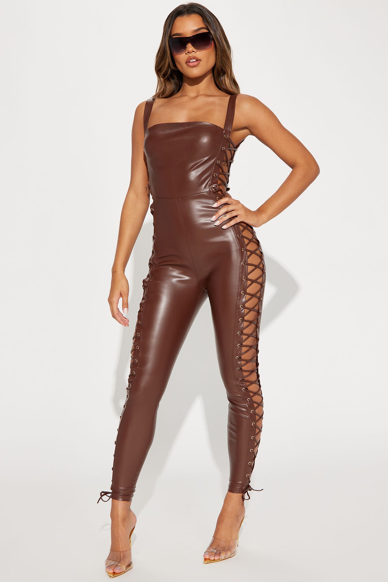 Petite Washed Brown Faux Leather Jumpsuit