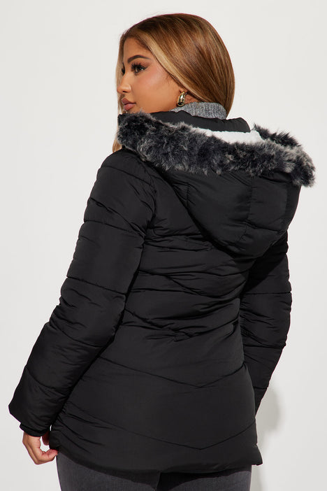 Snow Glow Long Puffer Jacket - Black