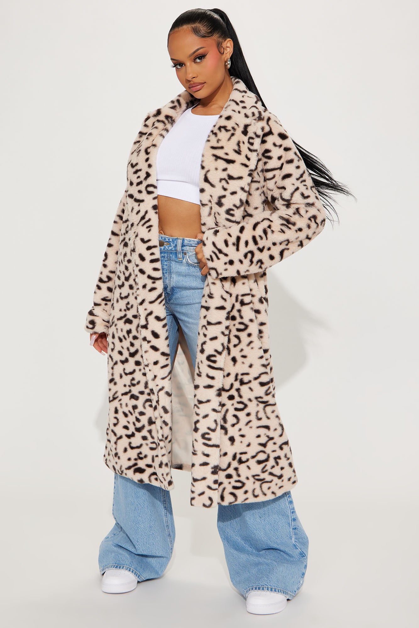 Cream longline faux hot sale fur coat