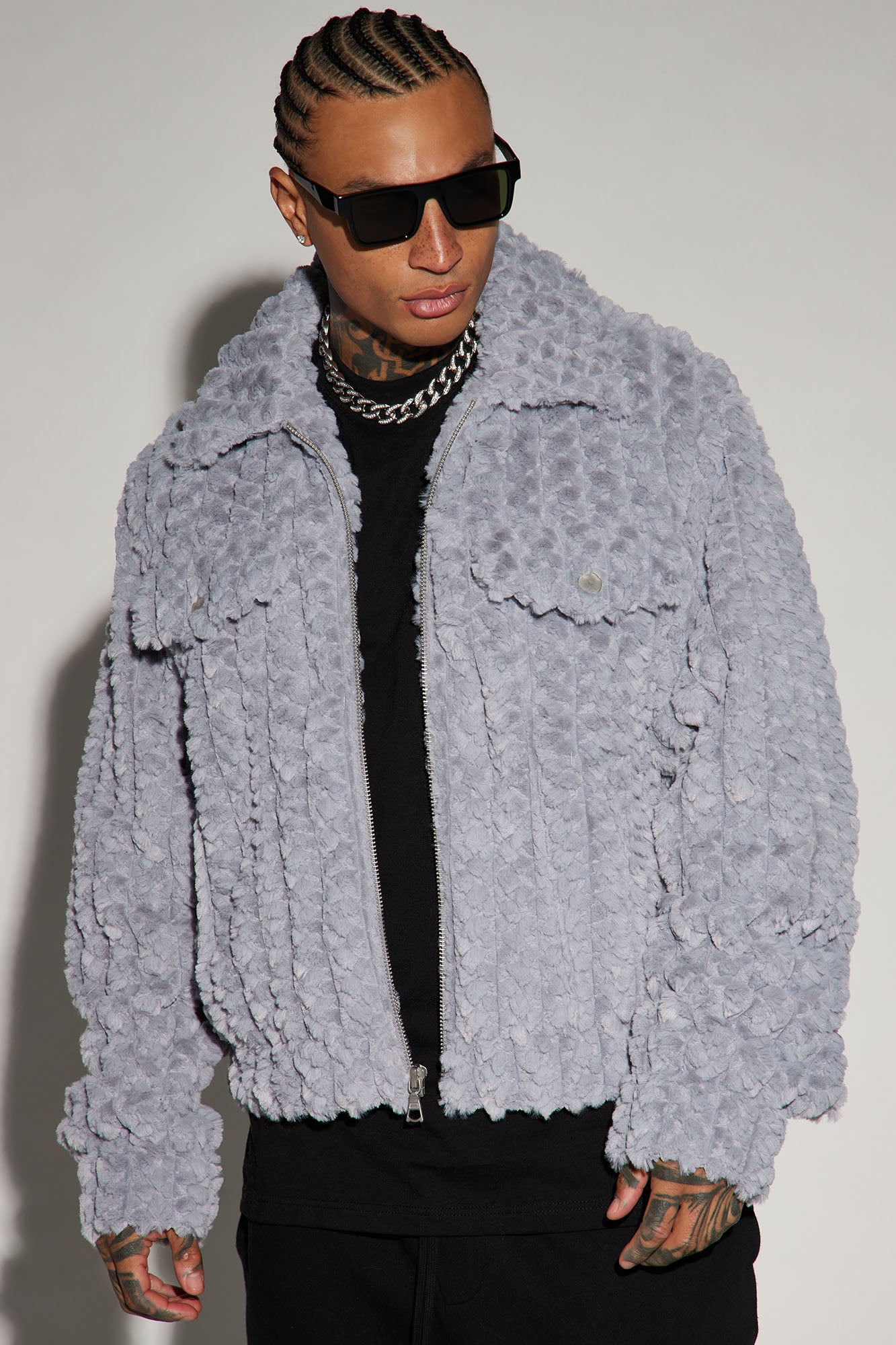 Too Good Faux Fur Zip Trucker Jacket - Grey