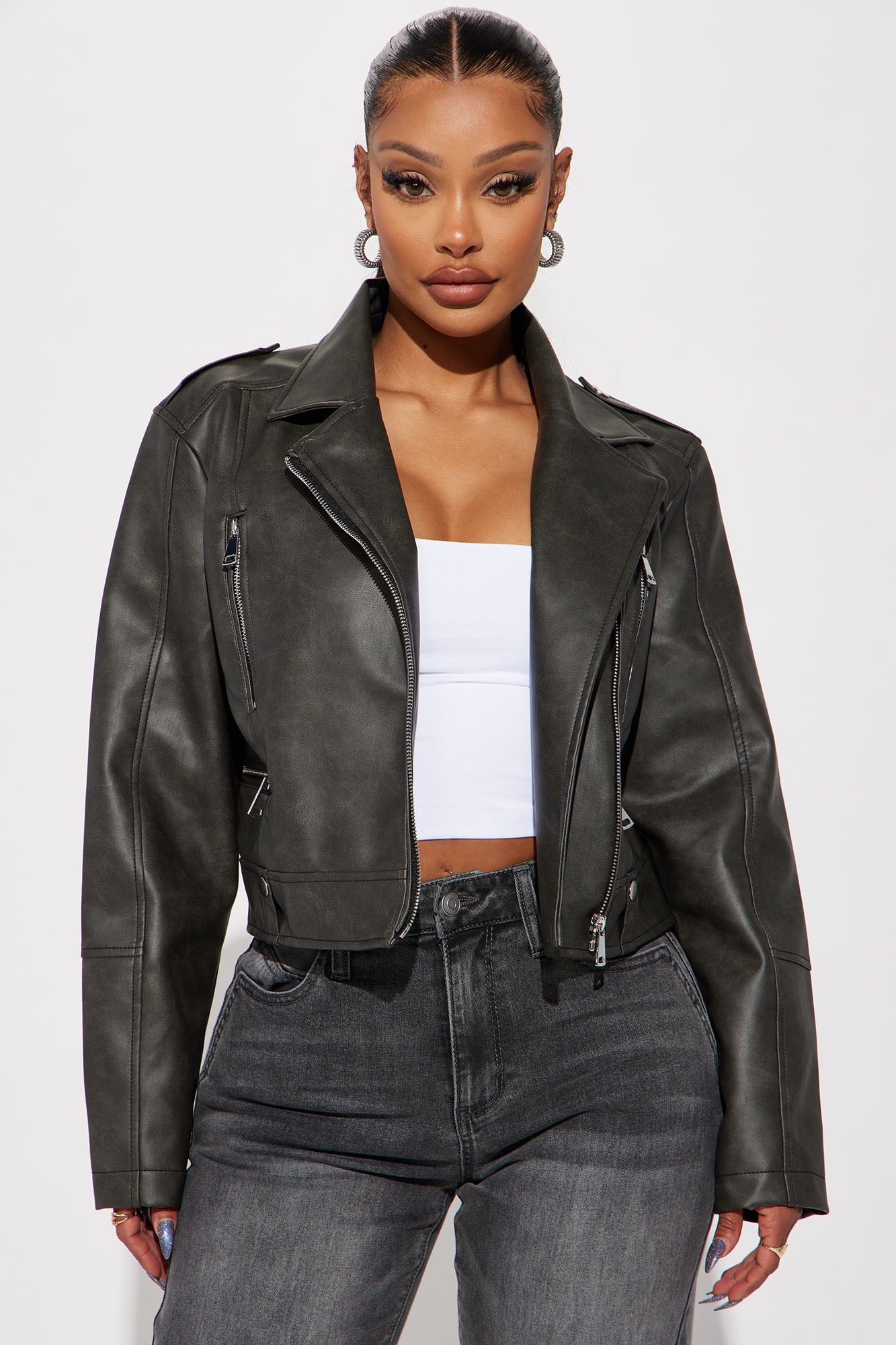 Grey leather moto jacket sale