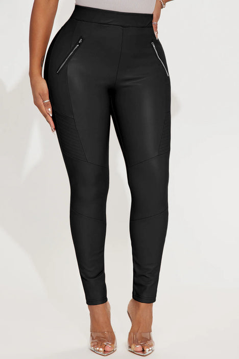 Revamped, Pants & Jumpsuits, Revamped Black Faux Leather High Waisted Zipper  Moto Leggings Pants