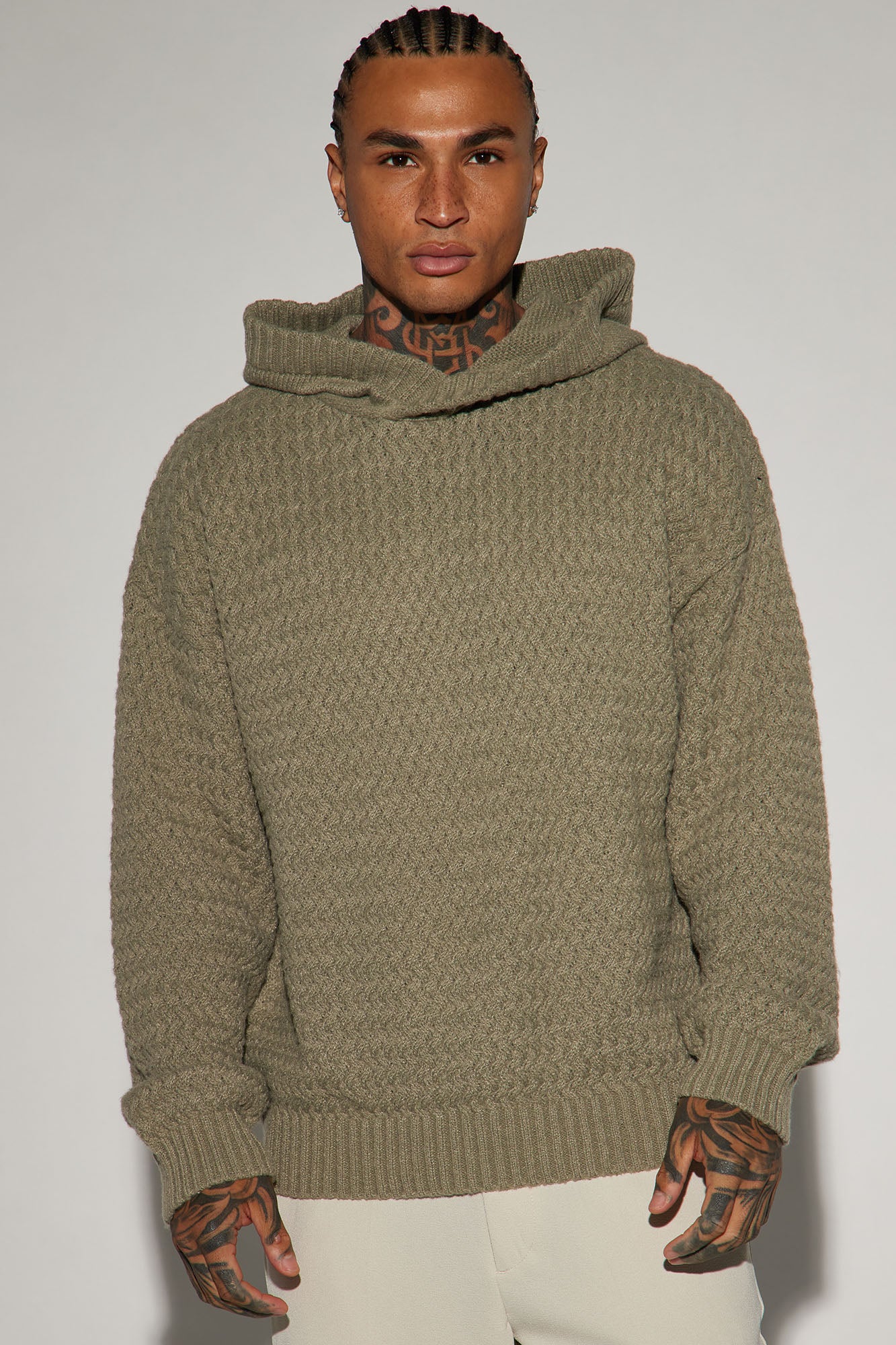 Cable Knit Hooded Sweater and Leggings Set - Olive