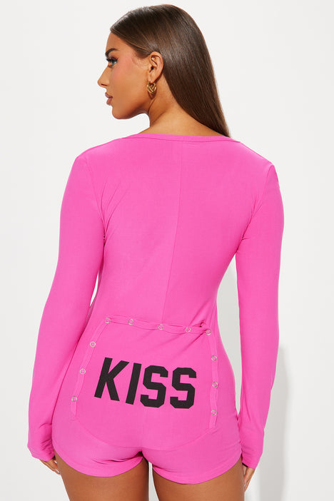 Kiss Me Long Sleeve PJ Romper Onesie - Hot Pink