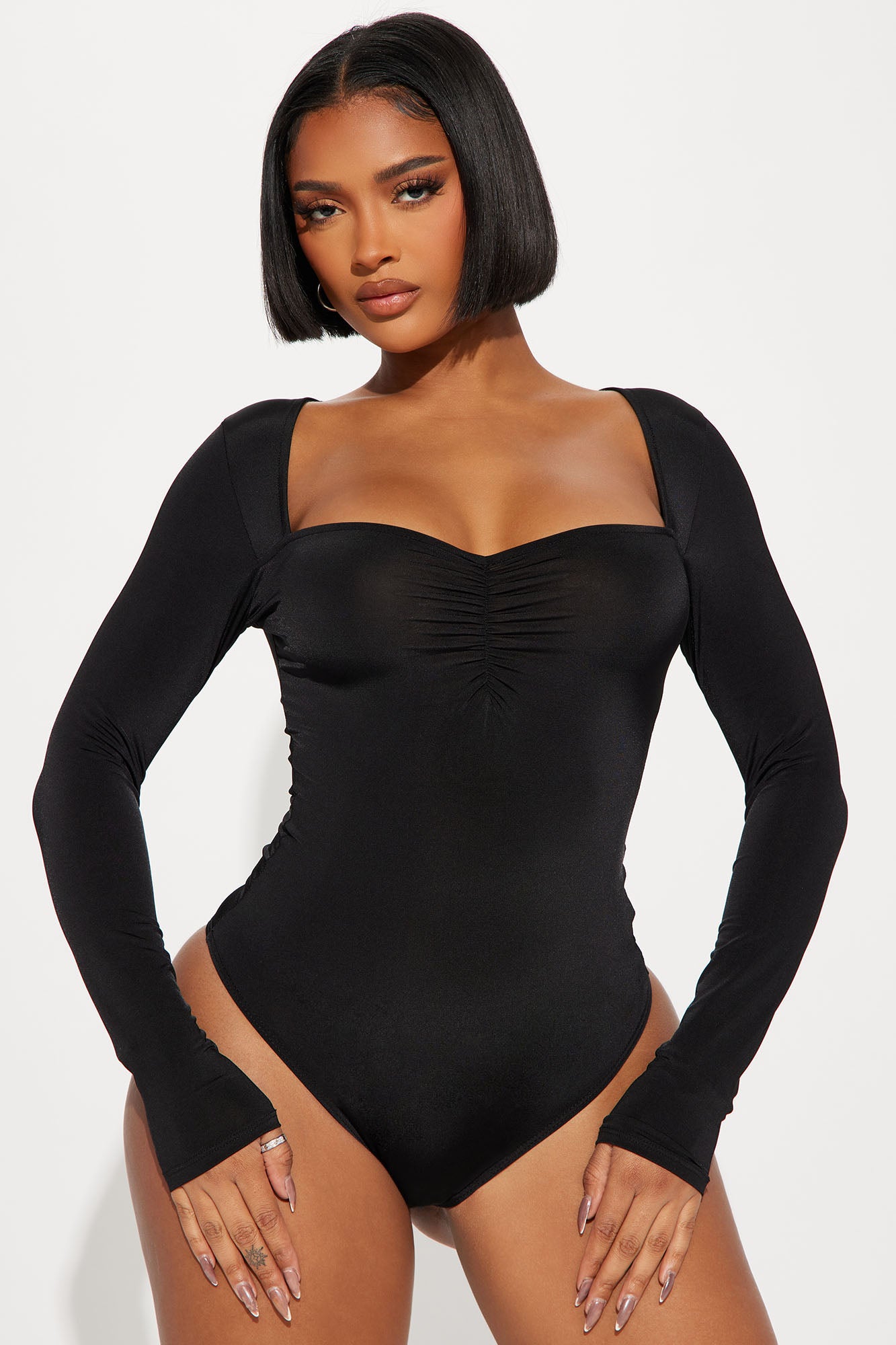 Orli Ruched Bodysuit Black in 2023  Black bodysuit, Girls night out,  Ruching